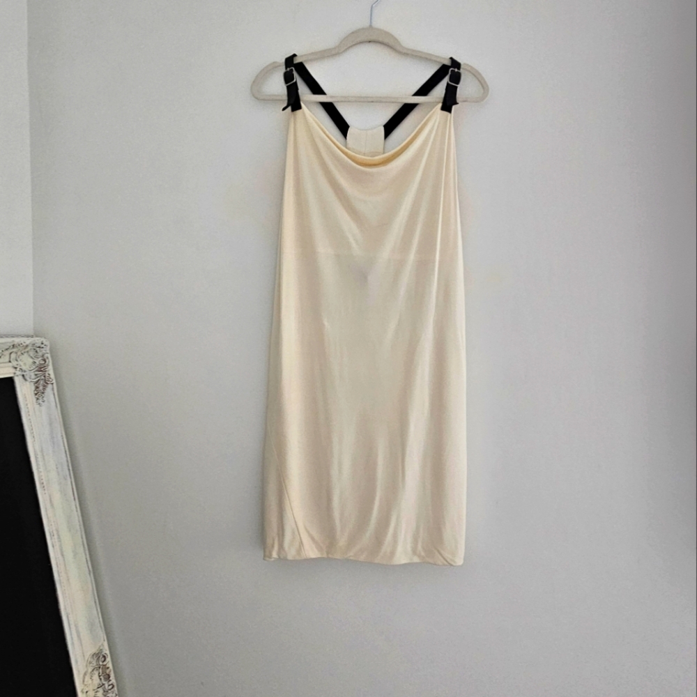 Nwt Yigal Azrouel Cut 25 Cream Draped Leather Strap Rayon Mini Dress